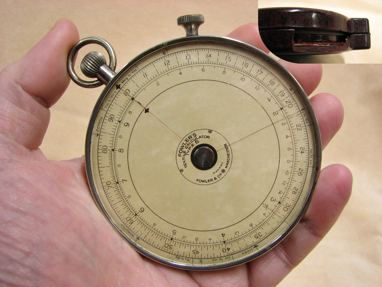 Rare 1920's Fowler's textile calculator with bakelite backplate and outer case
